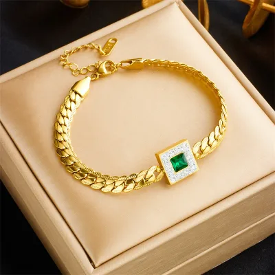Fashion Trendy Stainless steel bracelet with vintage emerald Cuban Chain Bracelet Green Zircon Bracelet For Gifts