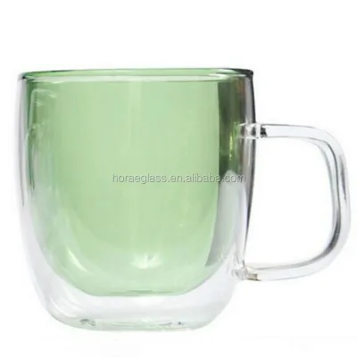 Wholesale Handmade High Borosilicate Double Wall Glass Mug with Handle Flat Bottom Coffee Cup