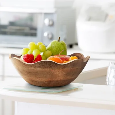 acacia wooden salad bowl Decorative jagged edge wooden bowl Handcrafted Kitchen Serveware wavy rim wood serving bowl