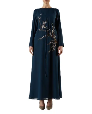 Custom MOQ50 Pcs Navy Embroidered Belted Modest Maxi Dress Manufacturers OEM/ODM Service Supplier