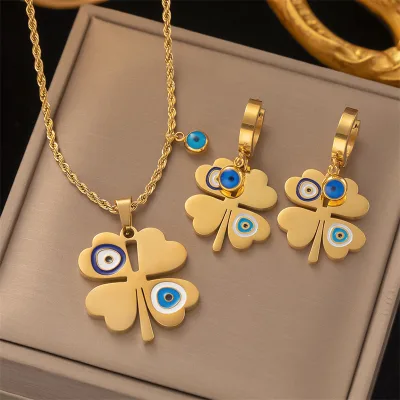 Fashion Christmas Stainless Steel Vintage Choker Flower Pattern Pendant Necklace Earrings Jewelry Set for Women Gift