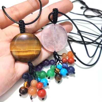 Bohemian Jewelry Natural Crystal Round Pendant Necklace 7 Chakra Reiki Stone Beads Tassel Pendant Opal Rope Necklace for Unisex