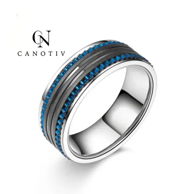 Fashion Multi-Layer Men Ring Stainless Steel Inlaid Blue Beads Matte Surface Men's Band Ring Daily Wear Jewelry Gift