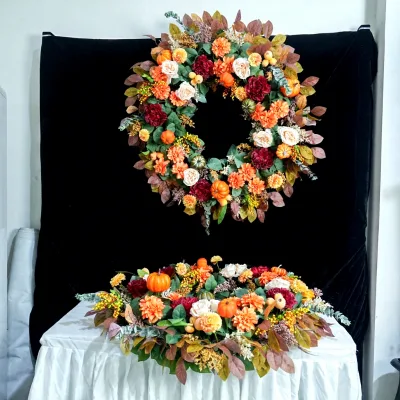 Burgundy Orange Yellow Christmas Silk Flower Wreath Dia 1m Artificial Flower Plant and Pumpkin Garland for Christmas Day