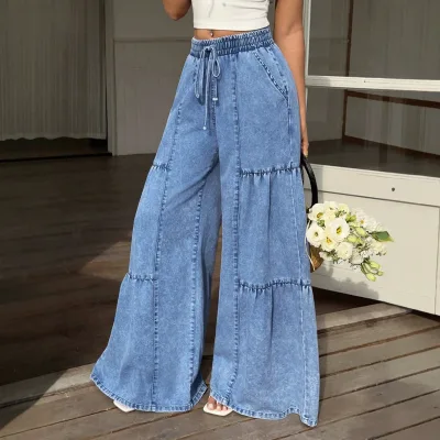 European American Style Drawstring Elastic Waist Patchwork Wide-leg Denim Jeans Women Vintage Washed Distressed Loose Drapey