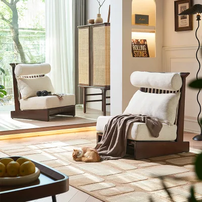 Japanese Style Solid Wood Lazy Sofa Chair with Removable Upholstery High - Backrest Leisure Chair for Living Room and Tatami