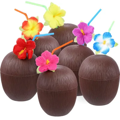Hot-selling Party Decor Coconut Water Cup Hawaiian-style Themed Beverage Cup with Straw 500ml Plastic Coconut Juice