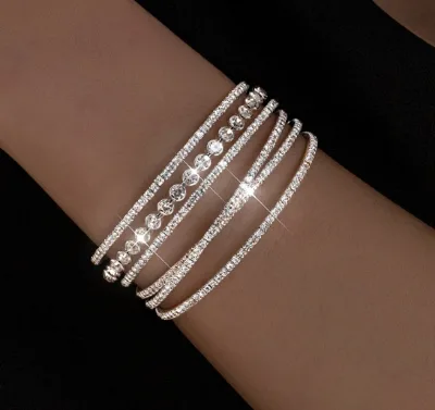 2024 New Women Fashionable Bride Elastic Rhinestone Cuff Bracelet Stone Bracelet