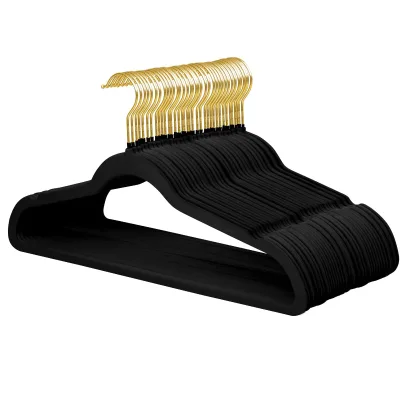 Wholesale Custom Anti Slip Black Velvet Clothes Hangers with Gold Hook