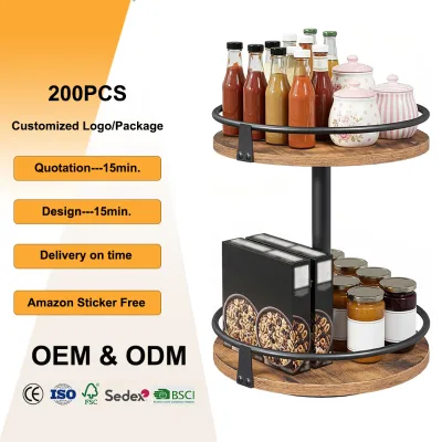 360 Rotating Wood Kitchen Spice Rack 2-Tier Lazy Susan Seasoning Organizer Countertop Storage Holder for Pantry Cabinet Shelf
