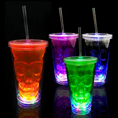 Ishine 16oz Halloween Luminous LED Skull Tumbler Double-Wall Beer Glass with Lid and Straw Featuring PS Glass Materials