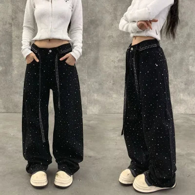 Best-Selling Men's Stacked Jeans Fashion Nova Hombre Baggy Jeans Black White Rhinestone on Jeanes for Men