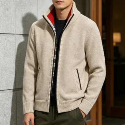 Trendy 2026 Men's Thick Knit Sweater Full Zip Stand Collar Warm Plus Size Relaxed Fit Fall Winter Casual Cardigan Youth to Adult