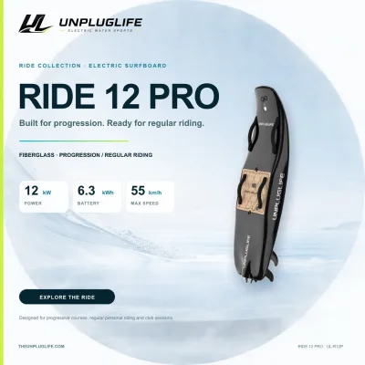 UNPLUGLIFE RIDE 12 PRO Electric Surfboard 12 kW Fiberglass Jet Board with 6.3 kWh Battery