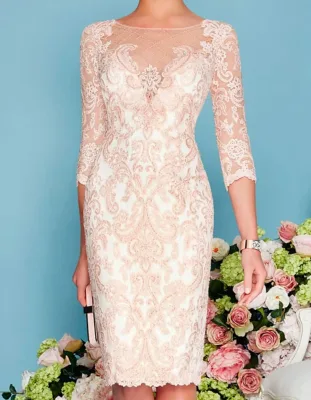 Mumuleo Mother of the Bride Dress Two Pieces Jewel Neck Knee Length Chiffon Lace 3/4 Sleeve With Beading Appliques 2024