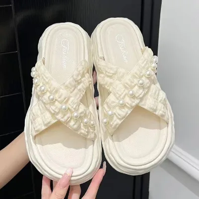 New Fairy Style Pearl Outdoor Wear Femme slippers Woman Thick Soled Dissolved Sole Sandals