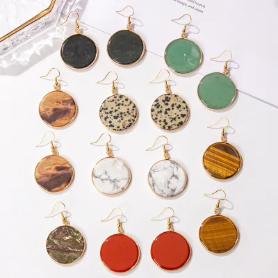 Zhouhang Jewelry Cross-Border Bestseller Stainless Steel Blue Turquoise-Patterned Disc Drop Earrings Statement Accessories