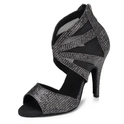 New Fashion Fabric Flash + Net Heel 10cm Heel Zipper Female Latin Dance Shoes