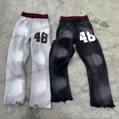 Custom Trouser Sweats Pants Streetwear Sun Faded Cut and Saw Distressed Double Layer Sweatpants for Men