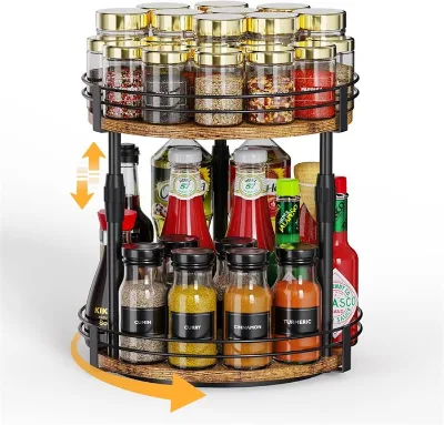 Lazy Susan Organizer Spice Rack, Rotating Adjustable Height Seasoning Holder Spice Shelf for Kitchen Countertop Cabinet Pantry