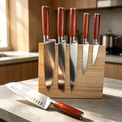 High Quality 6Pcs Classical Pakka Wood Handle German Stainless Steel Laser Light Finished Ambidextrous Kitchen Knife Set Block