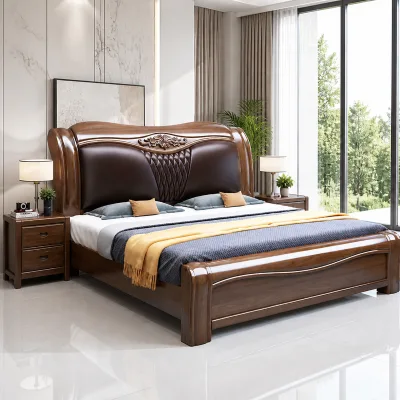 Elande Modern Solid Wood Leather Soft Bag King Bed with Storage Master Bedroom Furniture