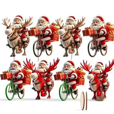 Modern 8-Piece Wooden Santa Riding Bike Ornaments Christmas Tree Decorations Holiday Party Supplies for Thanksgiving & Christmas