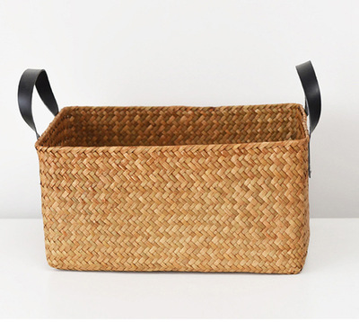 Woven Seagrass Storage Basket With Further Handle Rattan Sundries Storage Box Wicker Basket Sorting Boxes Seagrass Organizer