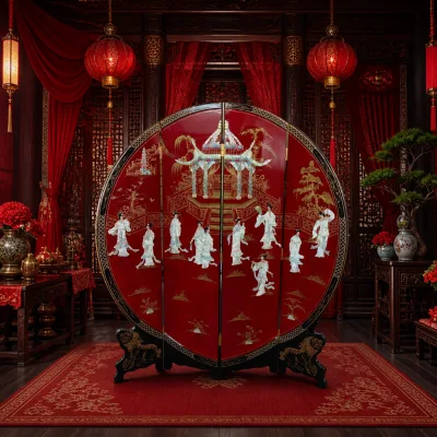 Handmade Lacquer Shell Inlay Antique Curve Screen Luxury Chinese Birthday Partition