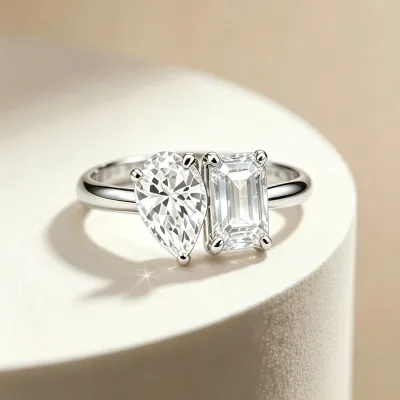 High Quality 925 Sterling Silver Pear & Emerald Cut 3.5ct Double Stone Anniversary Ring