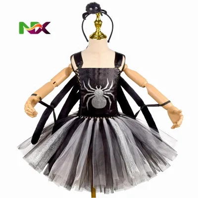 Black Spider Witch Halloween Costumes for Glittery Spider Web Cosplay Dresses Tutu Outfits for Carnival Party Holiday