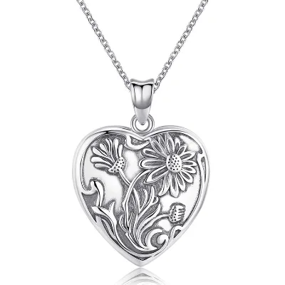 925 Sterling Silver Sunflower Heart Locket Necklace Holds Pictures