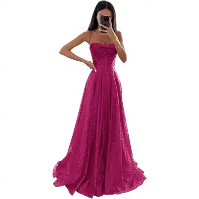 Thin Shoulder Strap Evening Gown 2026 Sleeveless Women's Ball Gown Floor-Length Shiny Polyester Tulle Slit Elegant European