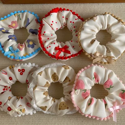 New Korean Bow Plush Lace Scrunchie Sweet Cute Large Scrunchie Bow Flower Fruit Ponytail Hair Rope Bear Leather Band