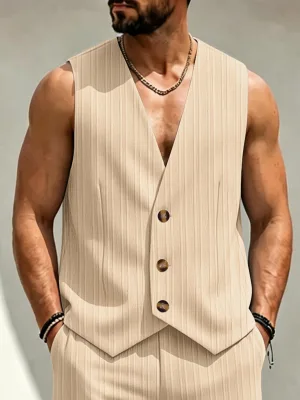 Wholesale Men Striped V Neck Button Front Sleeveless Gilet Solid Color Casual Outdoor Vest