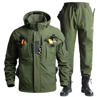 Men's Winter Thermal Tactical Camouflage Uniform Set Waterproof and Windproof Fabric Multi-Pocket Design for Outdoor Work
