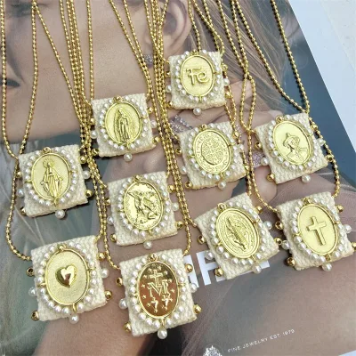 CH-LAN1127 Pearl Micro Inlaid Religion Necklace Gold Plated Copper Cross/Heart Charms Necklace Hot Sale Miyuki Necklace Jewelry