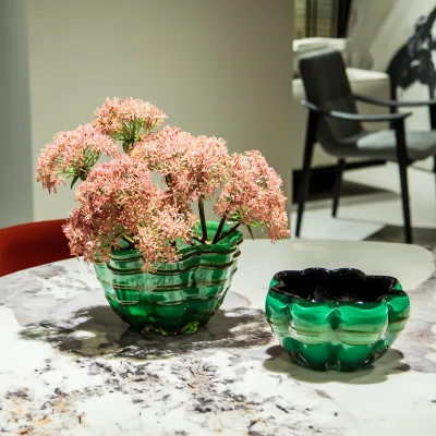 Luxury Wavy Green Glass Bowl for Living Room Modern Dessert Storage Food Bowl for Fruit Snacks Salads Weddings