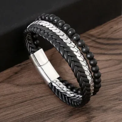 New Creative Black Natural Stone Leather Bracelet Vintage Silver Plated Magnetic Clasp Cuban Chain Leather Bangle Bracelet