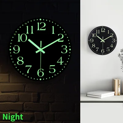 Custom 30 cm Black Modern Glow in the Dark Wall Clock Night Light in the Dark Bedroom Living Room Mdf Wall Clock