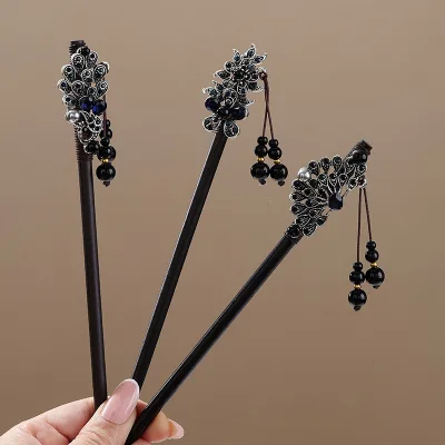 Dark-style Crystal Peacock Retro Chinese-style Black Ebony-look Tassel Flowers Wooden Hair Ornament for Traditional Hairpins
