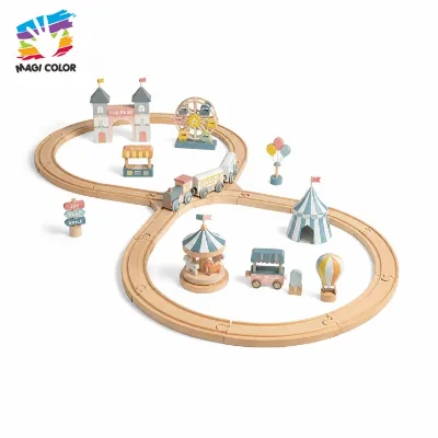 Wooden Figure-8 Amusement Park Train Play Set: Ferris Wheel, Carousel, Circus Tent Carnival Accessories for Pretend Play W04C312