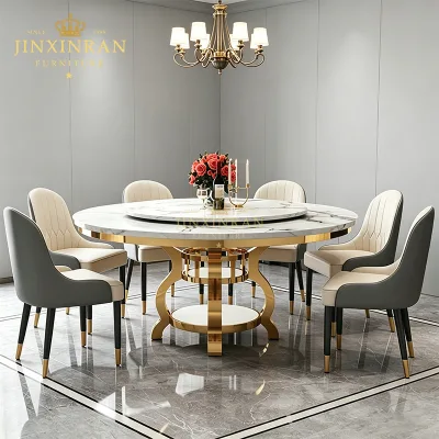 White Marble Round Dining Table Gold Stainless Steel Curved Leg Base Lazy Susan Turntable Hotel Banquet Restaurant Furniture