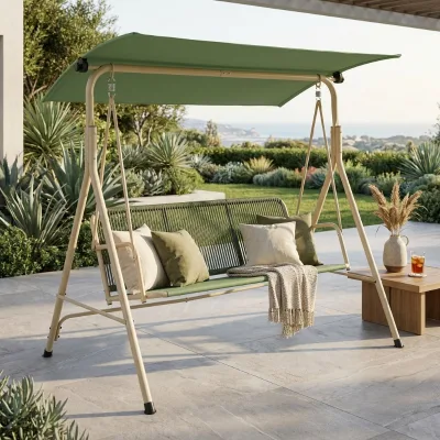 Modern 3 Person Outdoor Swing Chair Rattan Woven Steel Frame Patio Swing Adjustable Canopy Park Villa Use Waterproof Cushion