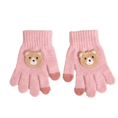 Gloves Autumn and Winter New Cartoon Bear Cold-proof Keep Baby Warm Five-finger Wool Knitted Gloves for Boys and Girls