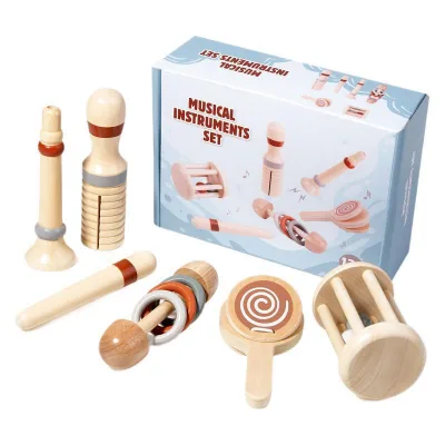 Wooden Baby Orff  Music Instrument Set Bead Rattle Sounding Tube Ring Rattle Castanets Trumpet 5 in 1 Early Music Education Toy