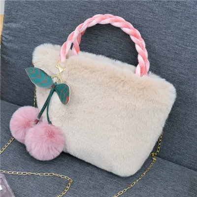 New Cute Girl Cherry Plush Korean Style Handbag Single Shoulder Crossbody Bag for Fall and Winter KnittedBacking Technique
