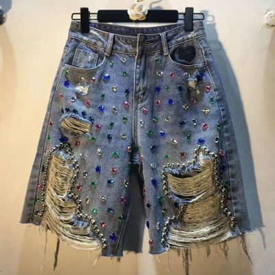 Jeans Hole Shorts Women Summer 2026 Short Pants High Waist Stretch Distressed Washed Diamonds Streetwear Straight Denims
