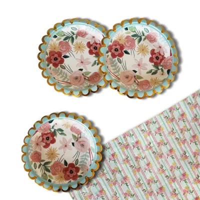 SpringTheme Party Tableware Set Flowers Collection Disposable Hot Foil Paper Plate PE Tablecloth Party Decoration Supplies Set