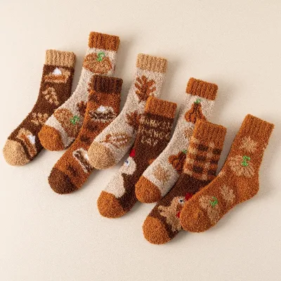 Wholesales Thanksgiving Coral Fleece Women's Socks, Thickened Thermal Floor Socks